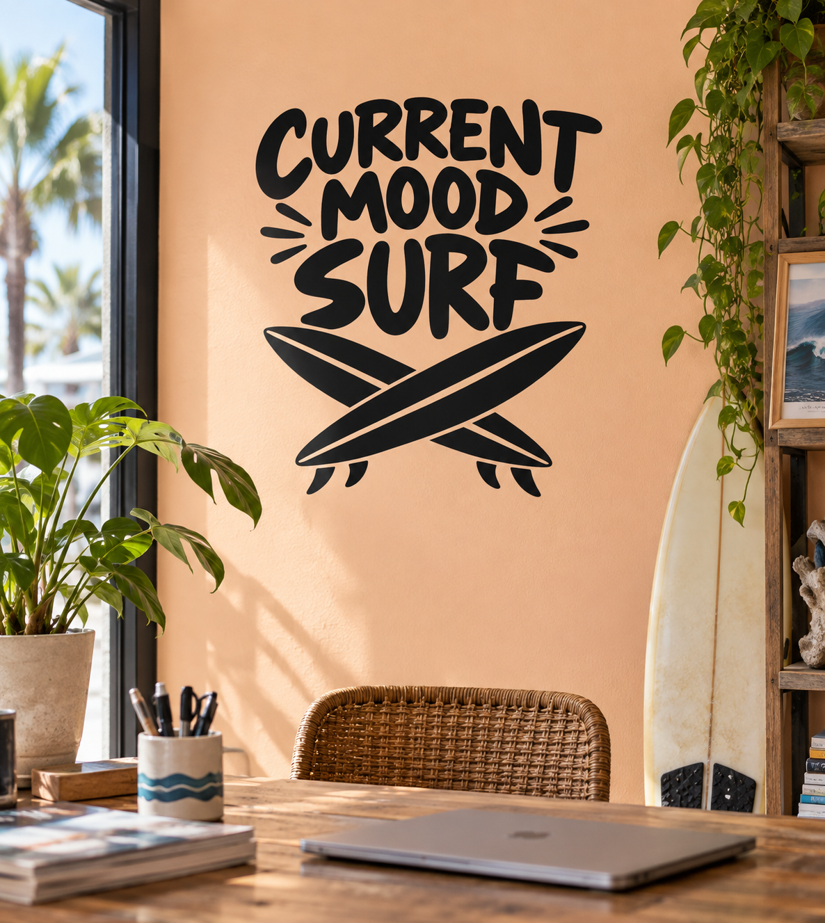 Surf vinyl decal with bold "CURRENT MOOD SURF" text and stylized surfboard face