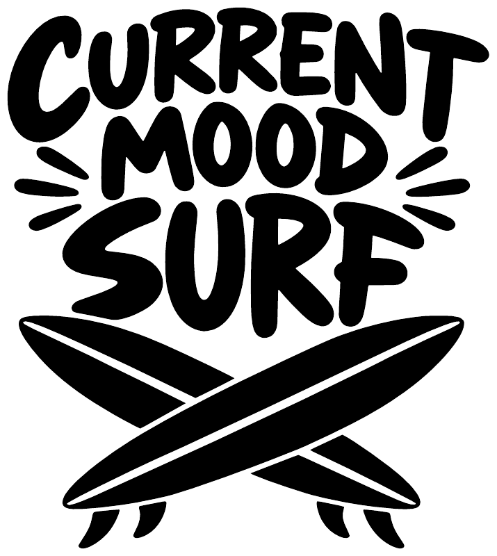 Surf vinyl decal reading "CURRENT MOOD SURF" with surfboard and eye shapes