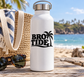 Bro Tide vinyl decal with palm tree, black logo on a white bottle