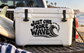 Vinyl decal: "Just One More Wave" with wave icon on white cooler