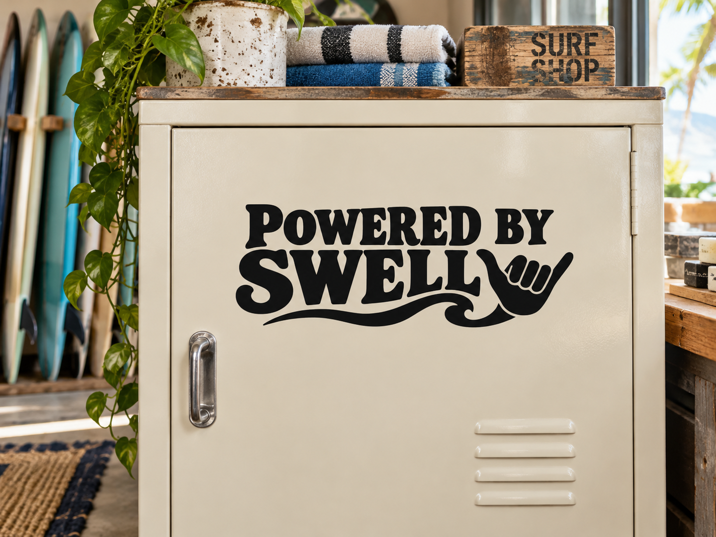 White vinyl decal: black Powered by Swell text with wave surf logo.