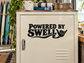 White vinyl decal: black Powered by Swell text with wave surf logo.