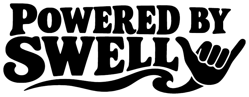 Vinyl decal logo in black: Powered by Swell text with wave underline.