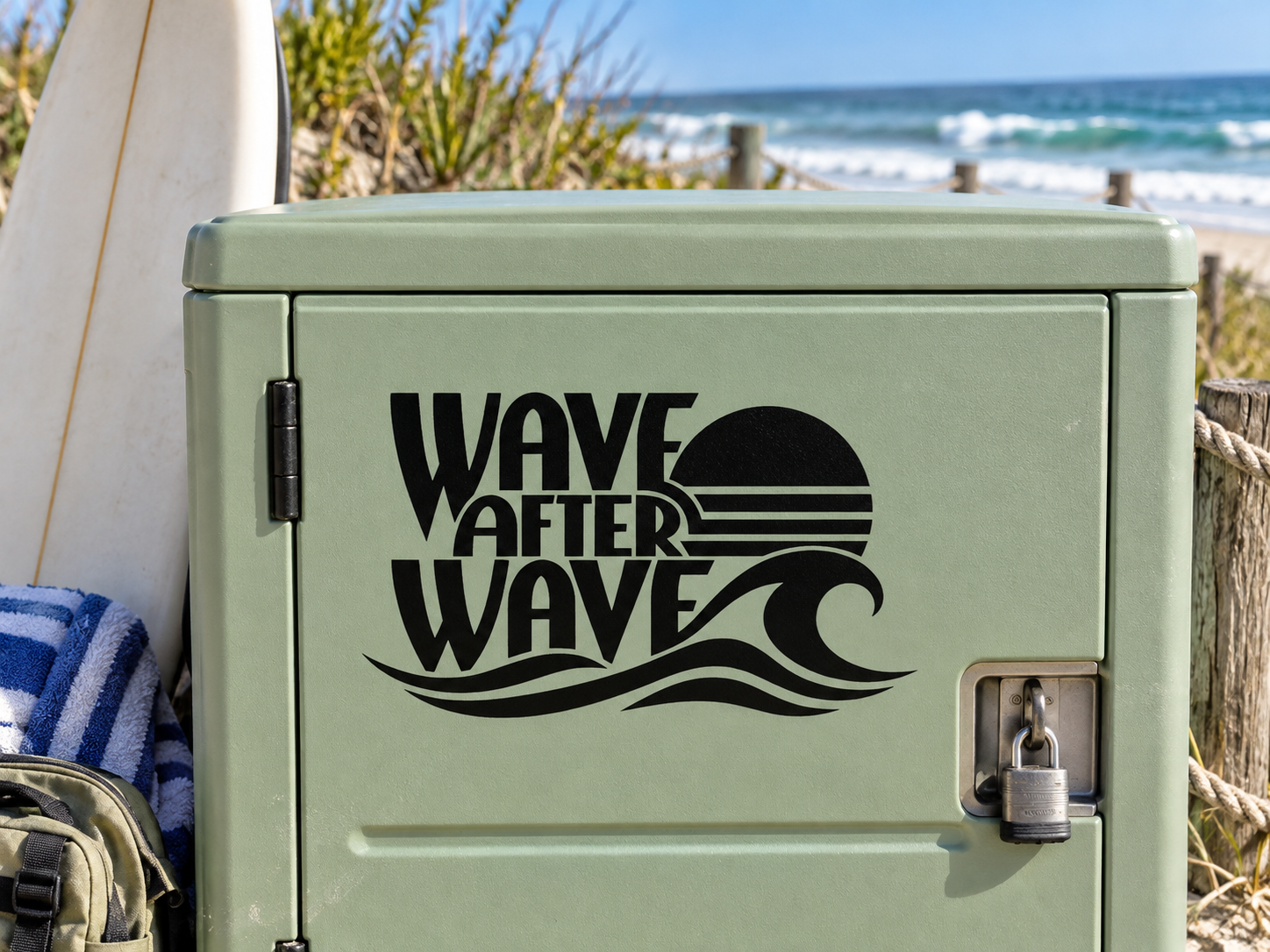 Wave After Wave vinyl decal: black Wave After Wave text with ocean wave stripes