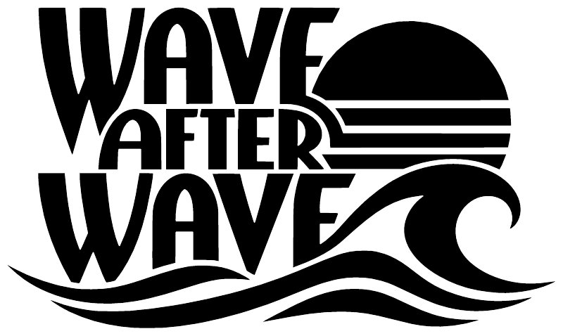 Wave After Wave vinyl decal close-up: black text, sunset circle and wave lines