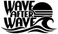 Wave After Wave vinyl decal close-up: black text, sunset circle and wave lines