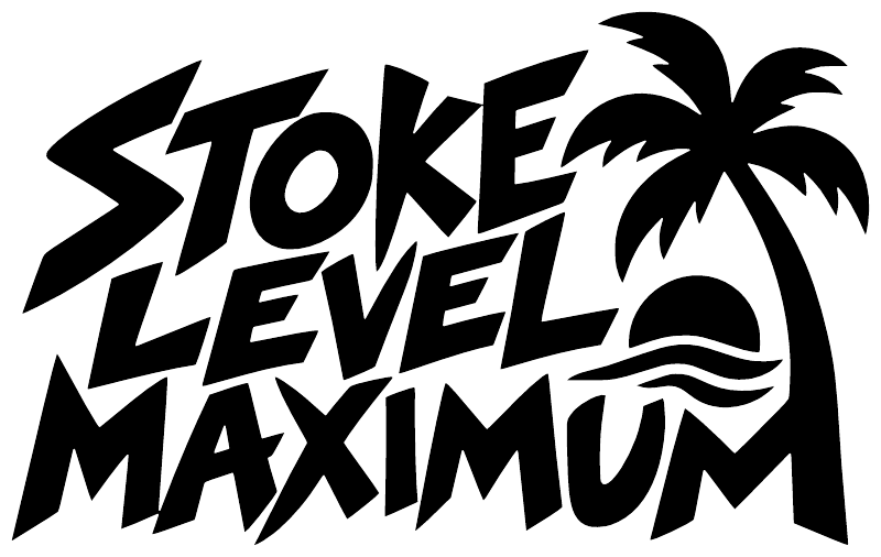 Stoke Level Maximum vinyl decal close-up: black logo text with palm tree and wave