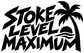 Stoke Level Maximum vinyl decal close-up: black logo text with palm tree and wave