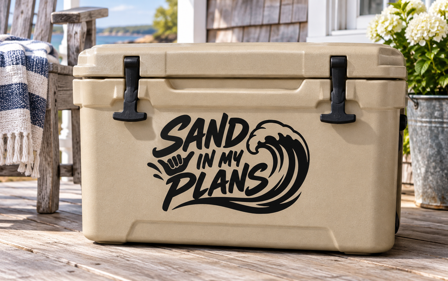 Black wave text vinyl decal, 'Sand in My Plans' on tan cooler