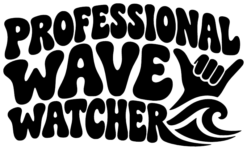 Close-up black vinyl decal lettering 'Professional Wave Watcher' and wave icon