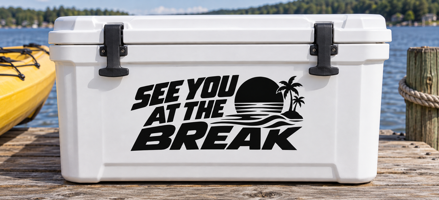 Vinyl decal with “See You at the Break” text, palm tree and waves on white cooler