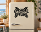 Offshore and Offline vinyl decal, black text with white outline on a white surface