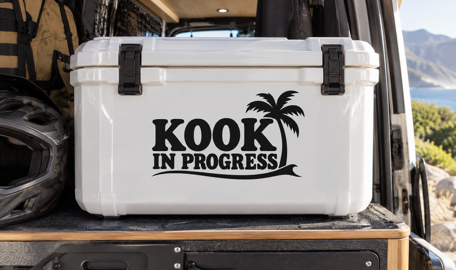 Vinyl decal: 'KOOK IN PROGRESS' with palm tree
