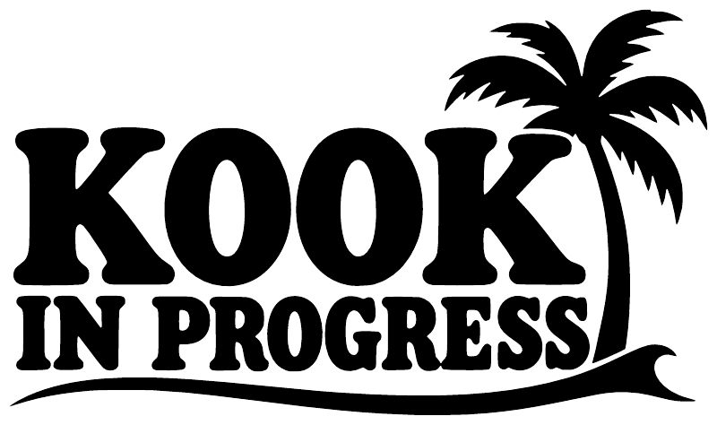 Vinyl decal close-up: 'KOOK IN PROGRESS' lettering with palm tree