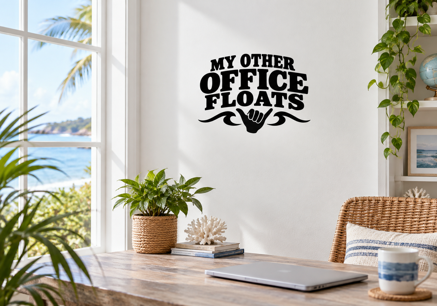 Black “My Other Office Floats” vinyl wall decal with mustache and hand graphics