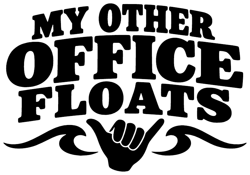 Black typographic vinyl decal reading “MY OTHER OFFICE FLOATS” with mustache icons