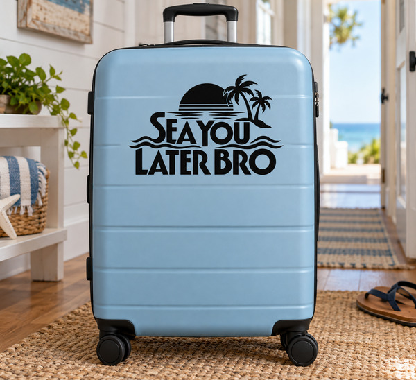 Vinyl decal featuring palm trees, waves, and 'Sea You Later Bro' text on a suitcase