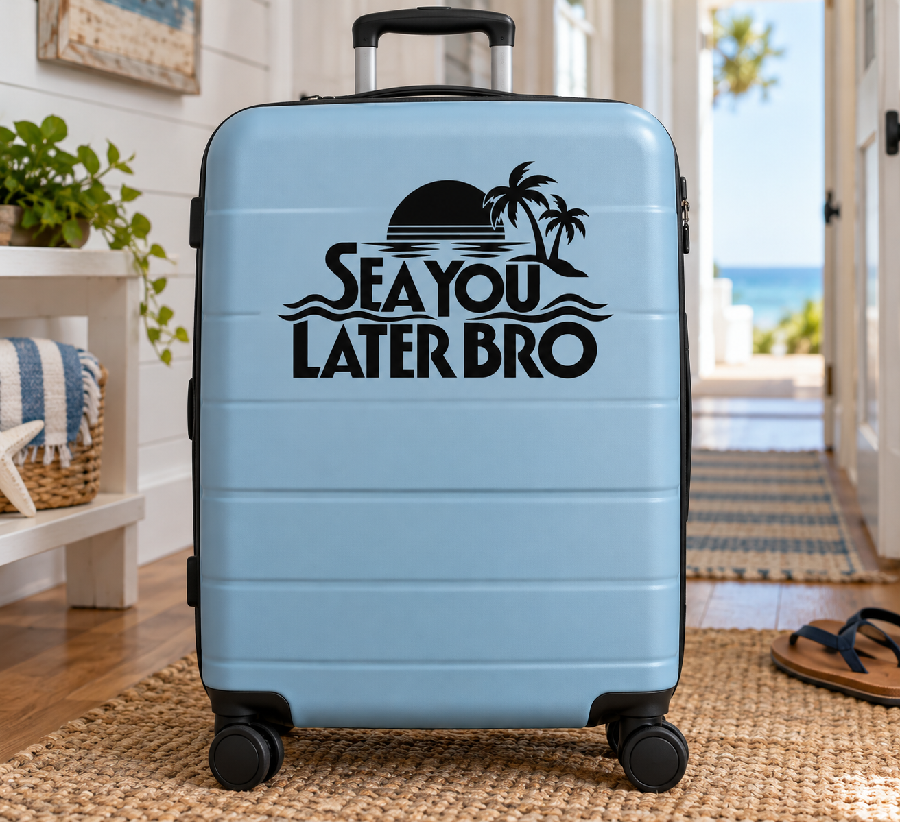 Vinyl decal featuring palm trees, waves, and 'Sea You Later Bro' text on a suitcase