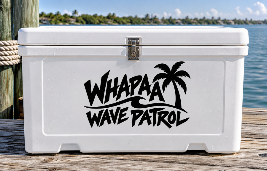 Vinyl decal with Whapaa Wave Patrol text and palm tree icon on a cooler front