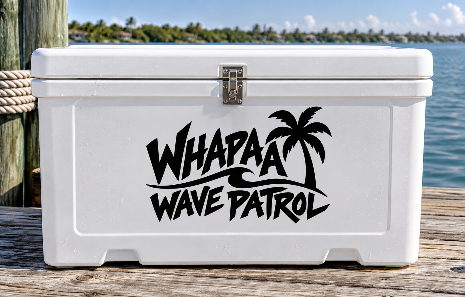 Vinyl decal with Whapaa Wave Patrol text and palm tree icon on a cooler front