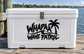Vinyl decal with Whapaa Wave Patrol text and palm tree icon on a cooler front