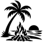 Palm bonfire vinyl decal: black palm tree, flames over rocks and round sun