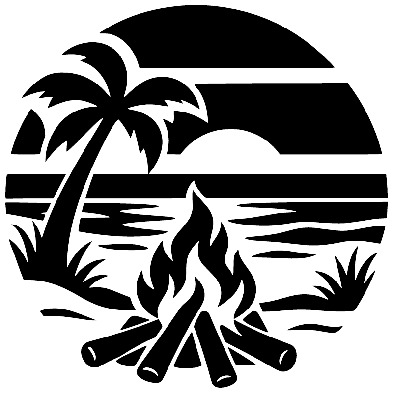 Circular beach campfire vinyl decal with black palm tree, flames, and sunset horizon stripes