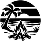 Circular beach campfire vinyl decal with black palm tree, flames, and sunset horizon stripes