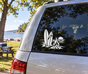 Surfboard and campfire vinyl decal for car window, black and white beach design