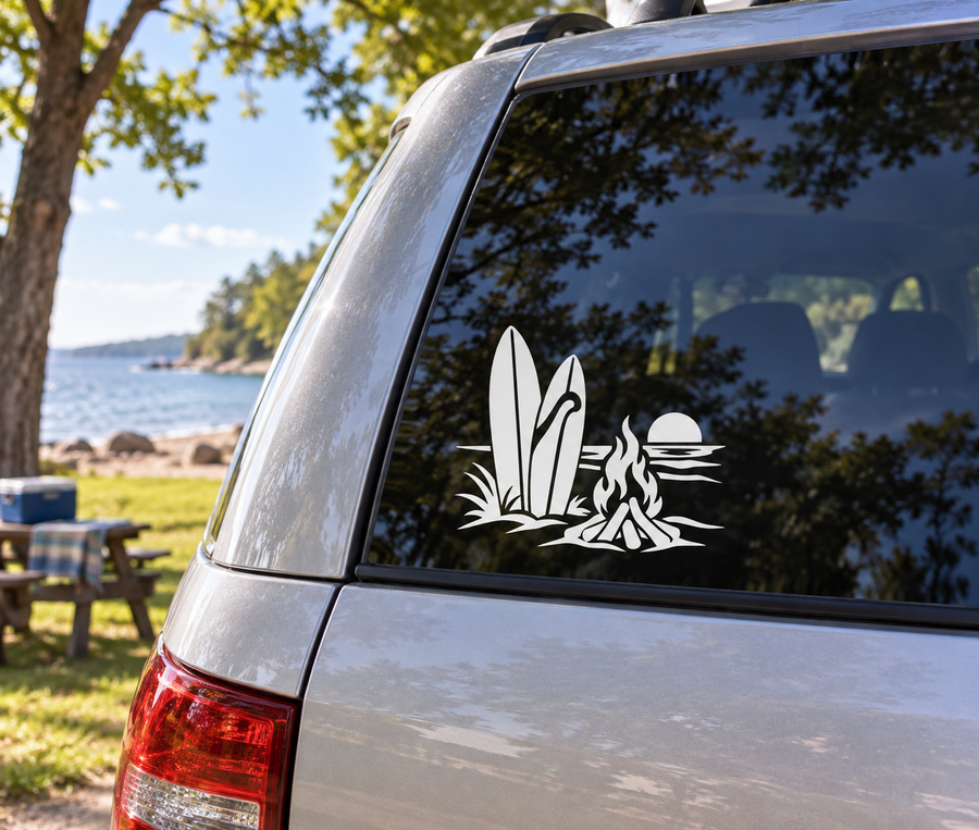 Surfboard and campfire vinyl decal for car window, black and white beach design