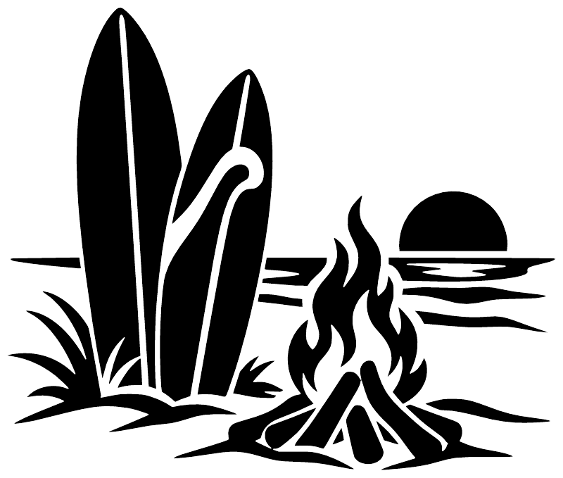 Black surfboard and campfire vinyl decal with flames, grass and smoke, isolated