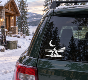 Moon and campfire vinyl decal with crescent moon, flames, and wave lines