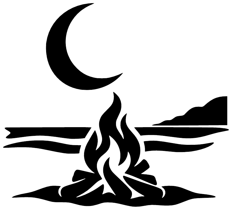 Black moon, campfire, and wave vinyl decal design on white background