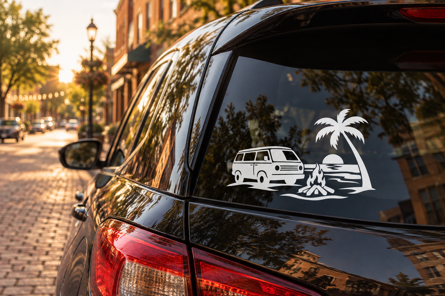 Car window vinyl decal with black van, palm tree, and beach campfire graphic