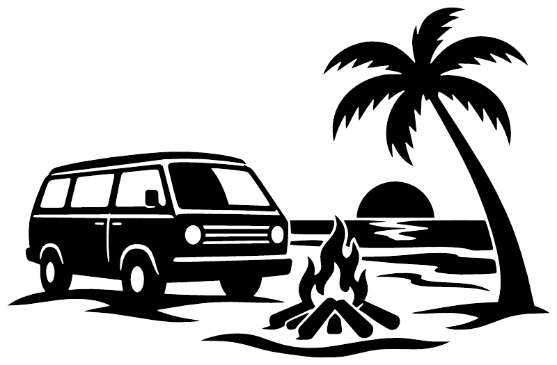 Vinyl decal: black van, palm tree, and beach campfire scene with smoke