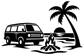 Vinyl decal: black van, palm tree, and beach campfire scene with smoke