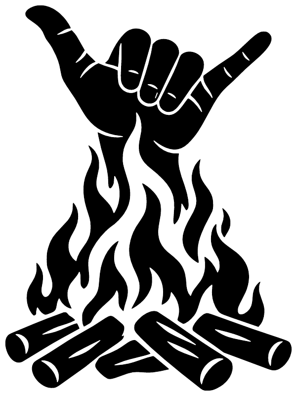 Black shaka hand vinyl decal with flames and crossed firewood, isolated