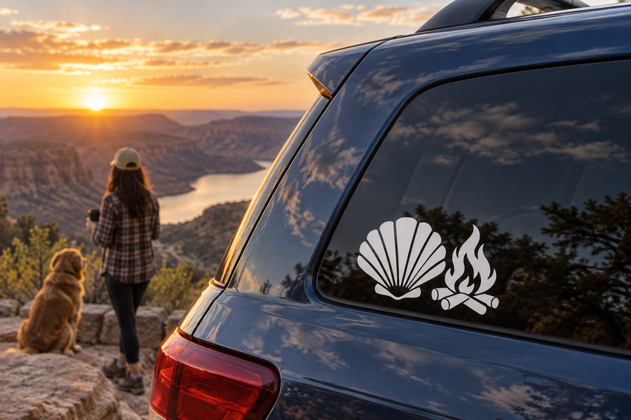 Seashell vinyl decal with flames and crossed spark plugs on car window