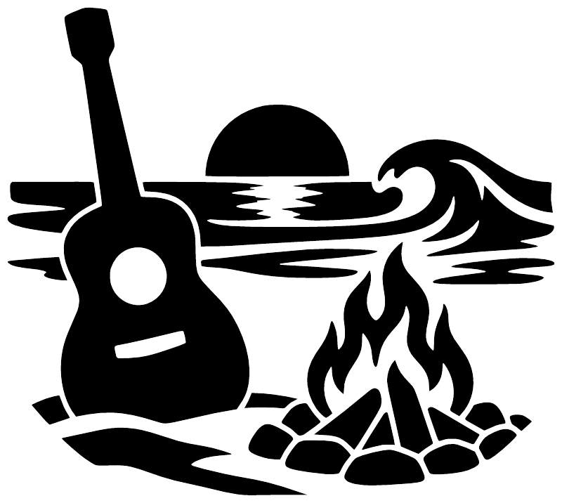 Black vinyl decal of a guitar with flames, rocks, and campfire icon
