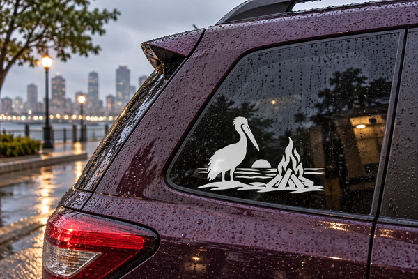 Pelican and campfire beach vinyl decal on car window, black silhouette