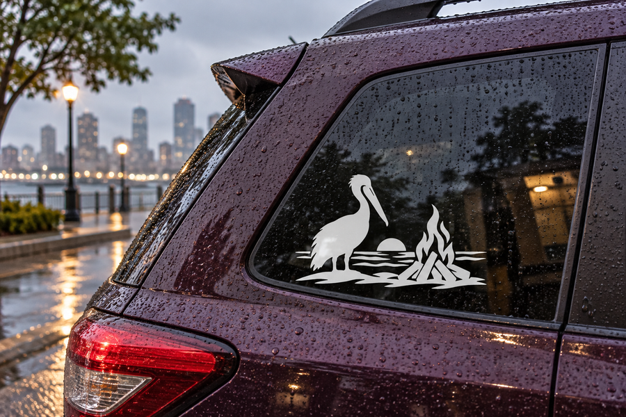 Pelican and campfire beach vinyl decal on car window, black silhouette