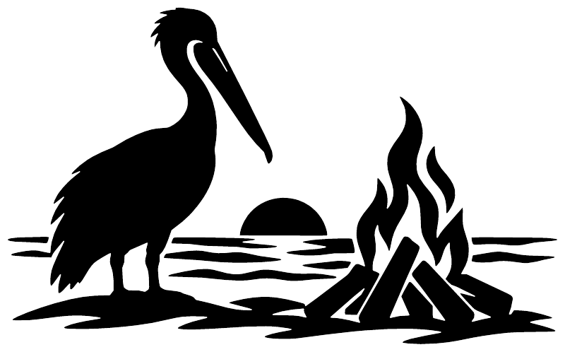 Black pelican, campfire flames, and beach waves vinyl decal graphic