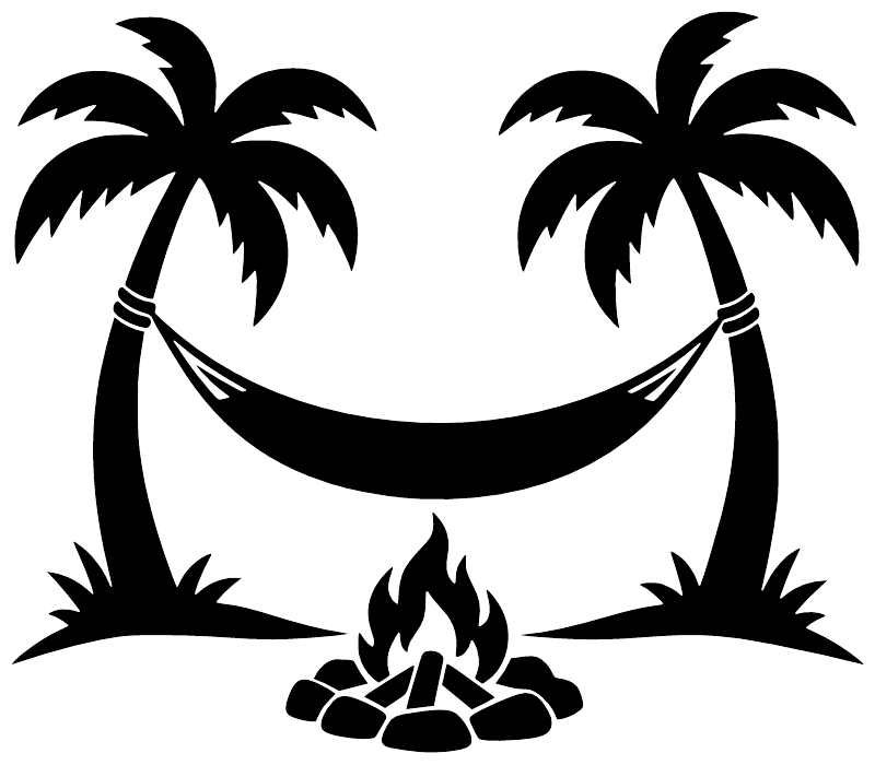 Coastal hammock vinyl decal: black palm trees, hammock, and campfire with rocks on white