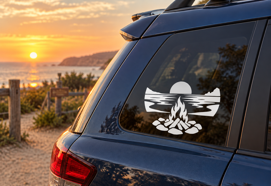 Black and white campfire wing vinyl decal on car rear window