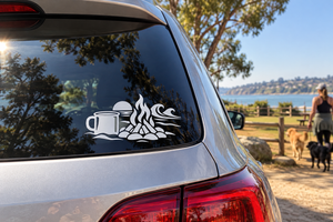 Black campfire coffee vinyl decal on car rear window, cup and flames design
