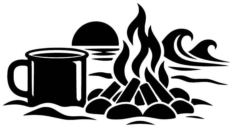 Black campfire coffee vinyl decal graphic: mug, flames, logs, and waves