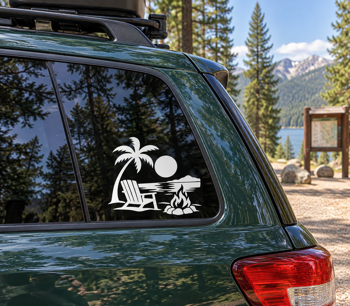 Beach chair and campfire vinyl decal for car window, white on dark green