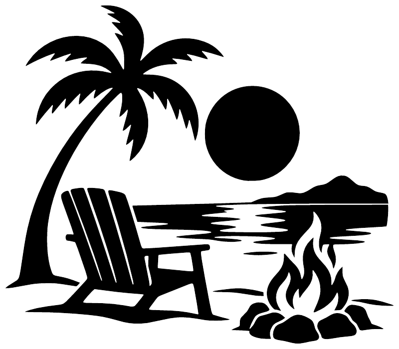 Beach chair, palm tree, and campfire vinyl decal, white design on black