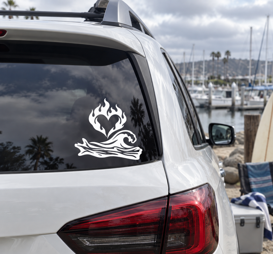 Black-and-white fire-heart vinyl decal on car rear window panel