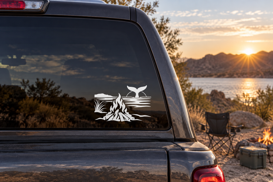 Whale tail bonfire vinyl decal on car window, white whale tail above flames and waves